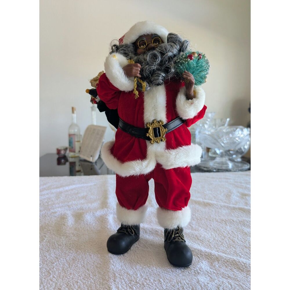 African American Santa Claus Figure Velvet Suit Christmas Gift Sack